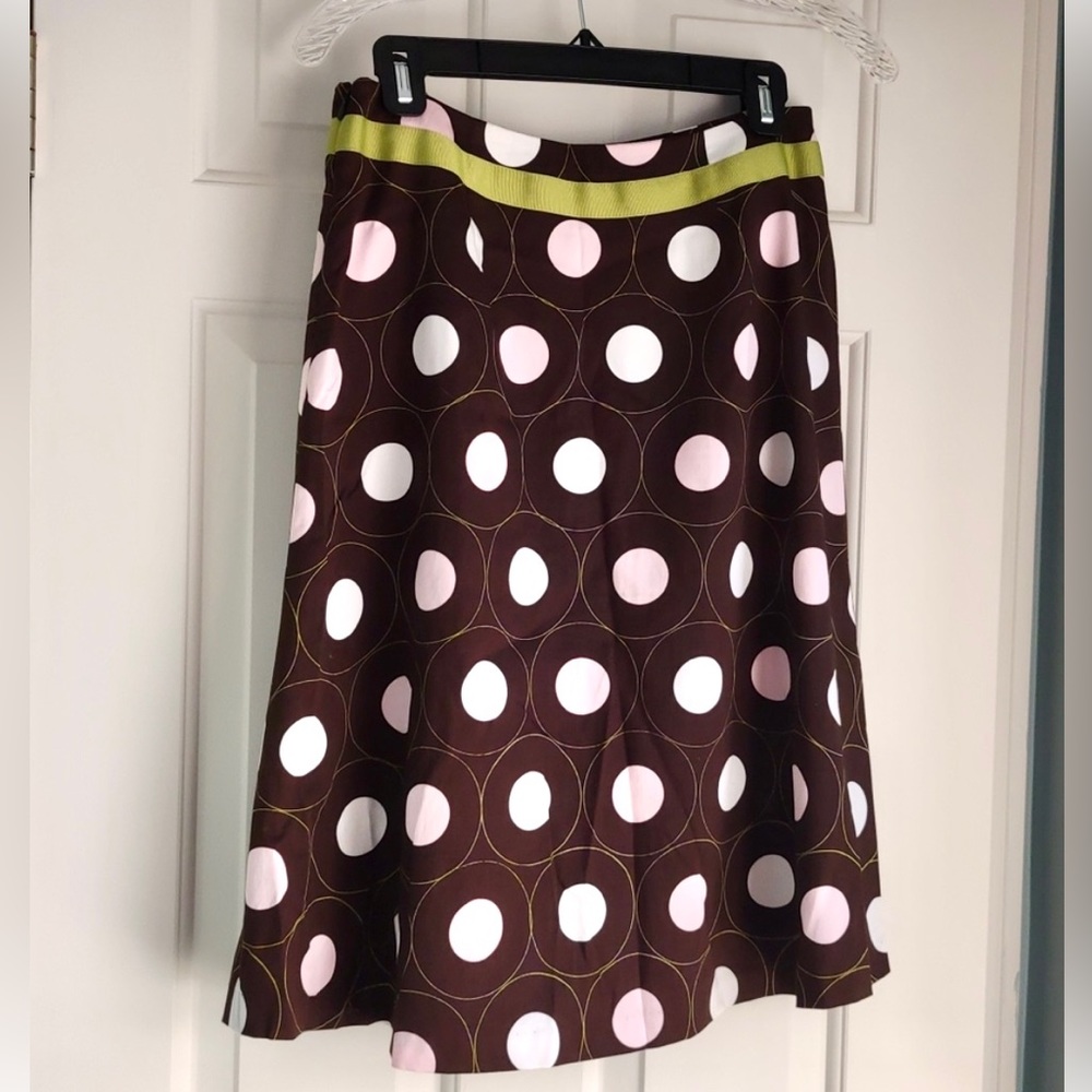Talbots Brown A-line skirt with green ribbon belt.
